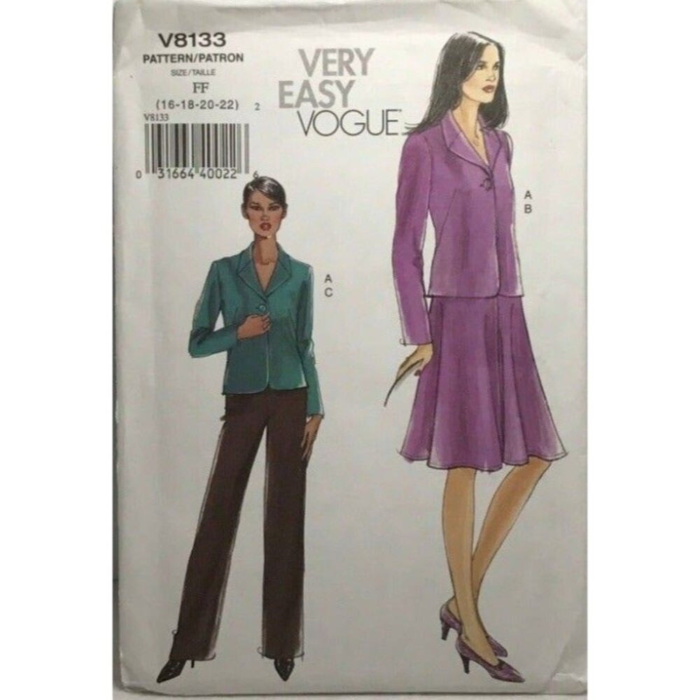 #V8133 Vogue suit sewing pattern very easy jacket, skirt  size 16-22